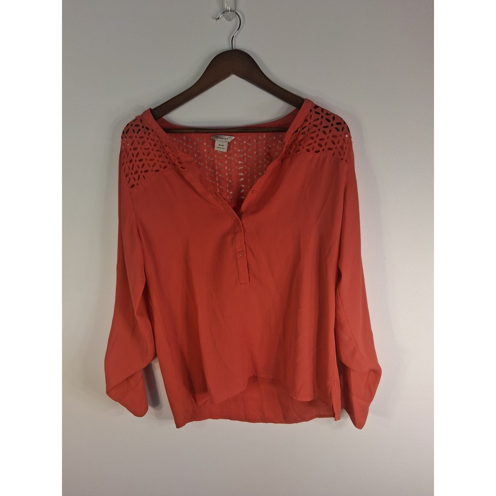Boho Ariat Eyelet Blouse Womens Medium Coral Orange Laser Cut Henley High Low
